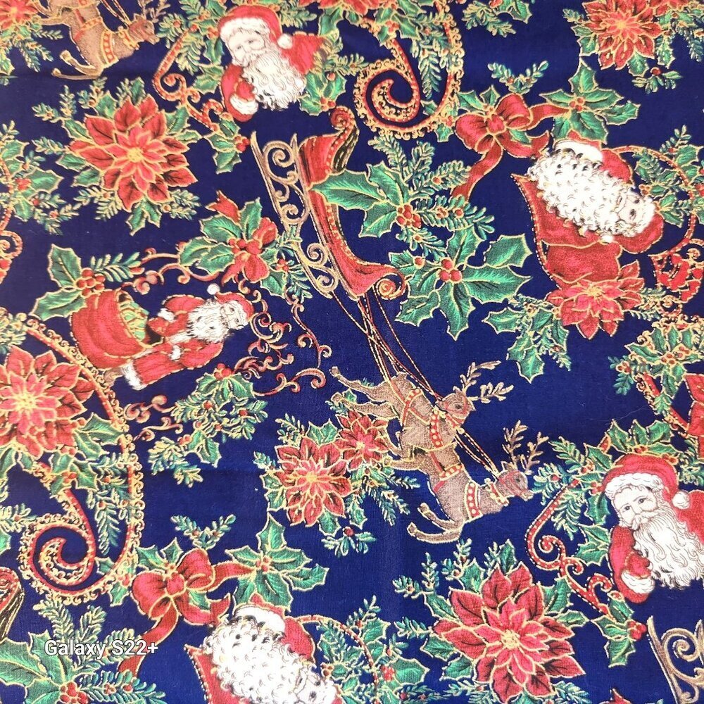 Festive Christmas Cotton Fabric Featuring Santa Deer & Poinsettia 1.5 yards 2003